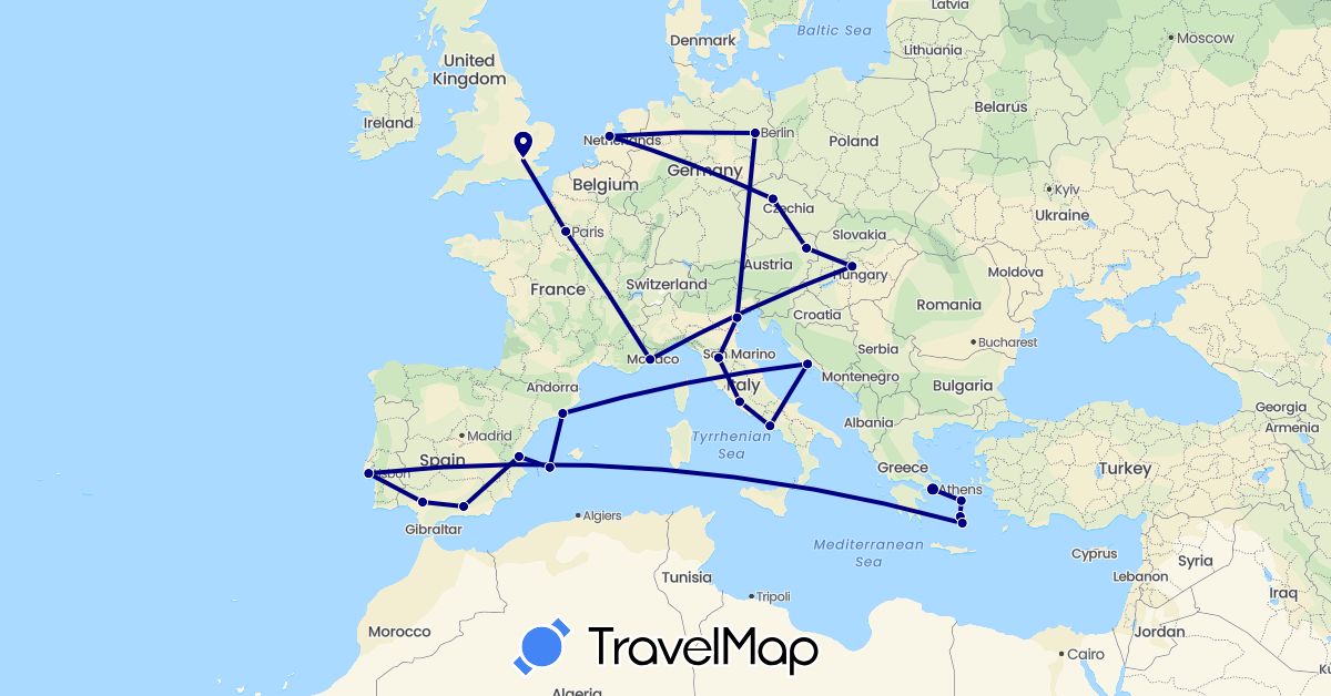 TravelMap itinerary: driving in Austria, Czech Republic, Germany, Spain, France, United Kingdom, Greece, Croatia, Hungary, Italy, Netherlands, Portugal (Europe)